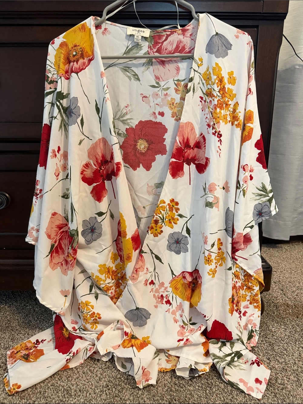 Umgee White Floral Kimono - Red, Yellow & Gray Flower Print